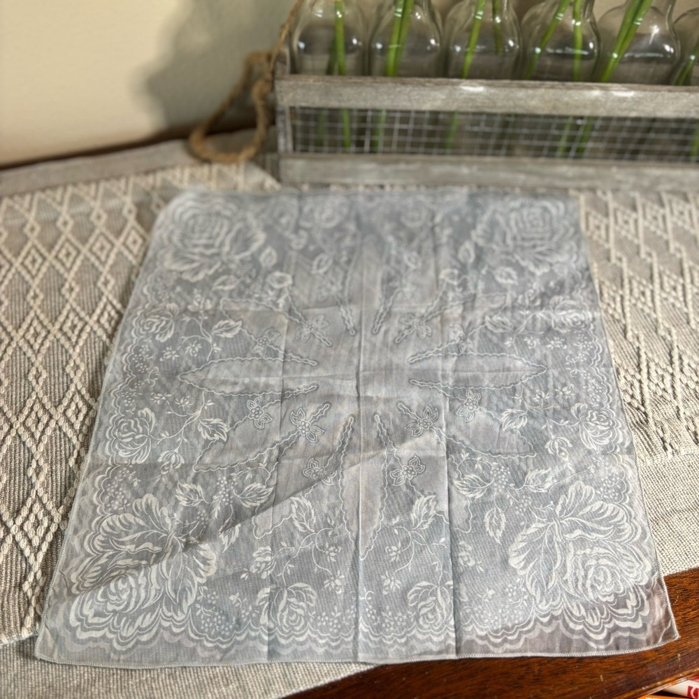 Women's Rose and Starburst Handkerchief. Pale blue and‎ White. Pre-owned (clean)